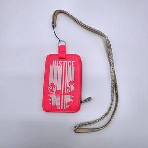 Justice Neon Pink Lanyard Wallet ID Holder Tropical Palm Tree Rhinestone Strap
